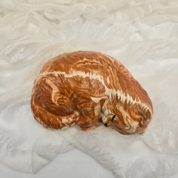 Vintage 1980 Scioto Orange Sleeping Cat Figurine – Orange Marbled Ceramic Kitten - Picture 5 of 13